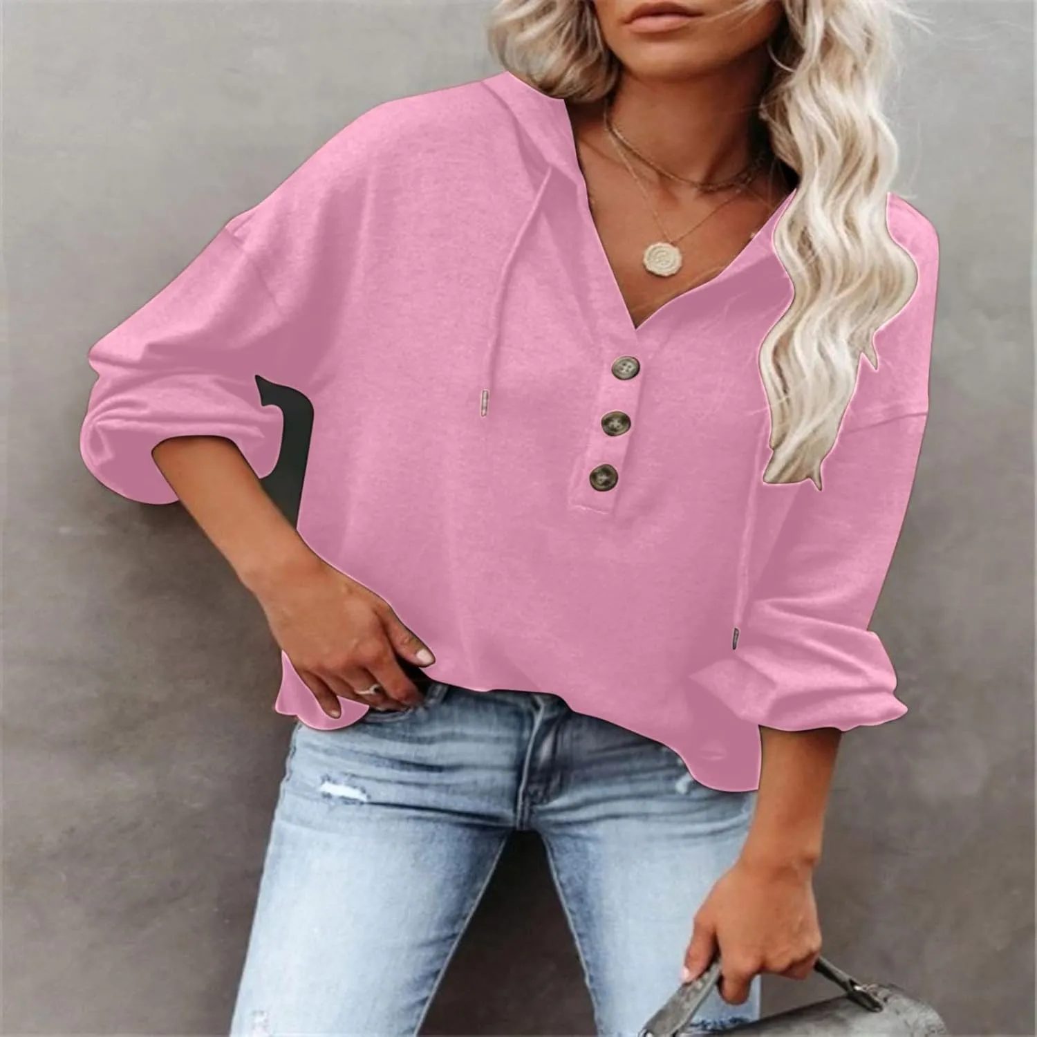 Womens Hoodies Loose Fit Sweatshirt Casual Long Sleeve Button V Neck Shirts Pullover Tops Fashion Cute Blouse Tops