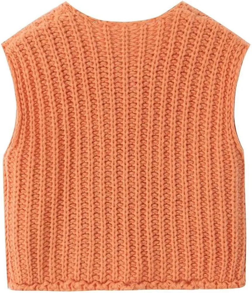Womens Knit Vest Tops Sleeveless Cropped Chunky Sweater Vests Botton Down Lightweight Cardigan with Pockets