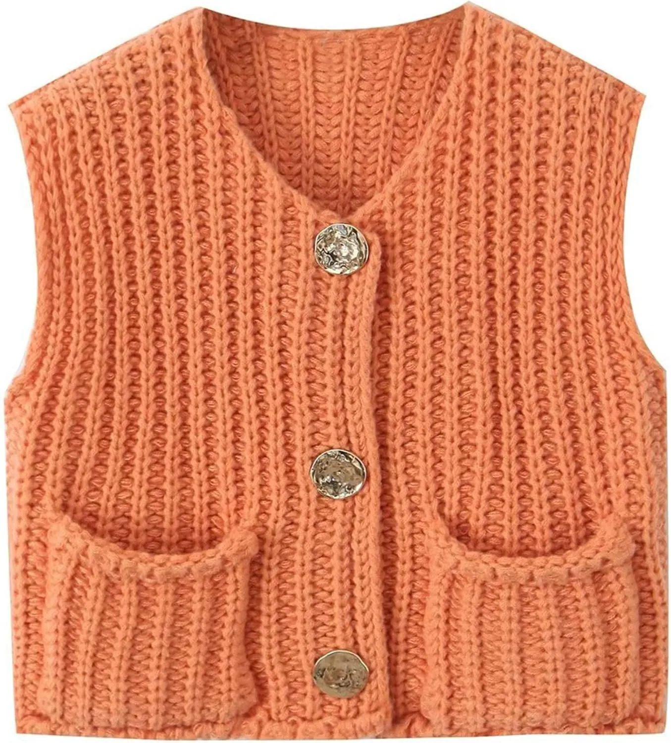 Womens Knit Vest Tops Sleeveless Cropped Chunky Sweater Vests Botton Down Lightweight Cardigan with Pockets