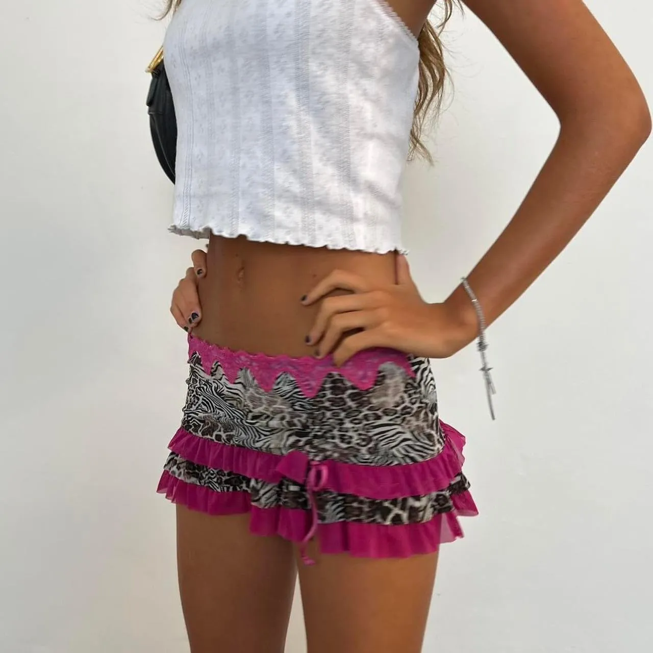 Womens Leopard Print Mini Skirt Y2k Sexy Street Wear Layered Ruffle Lace Hem Pleated Frilly Gingham Short Skirts