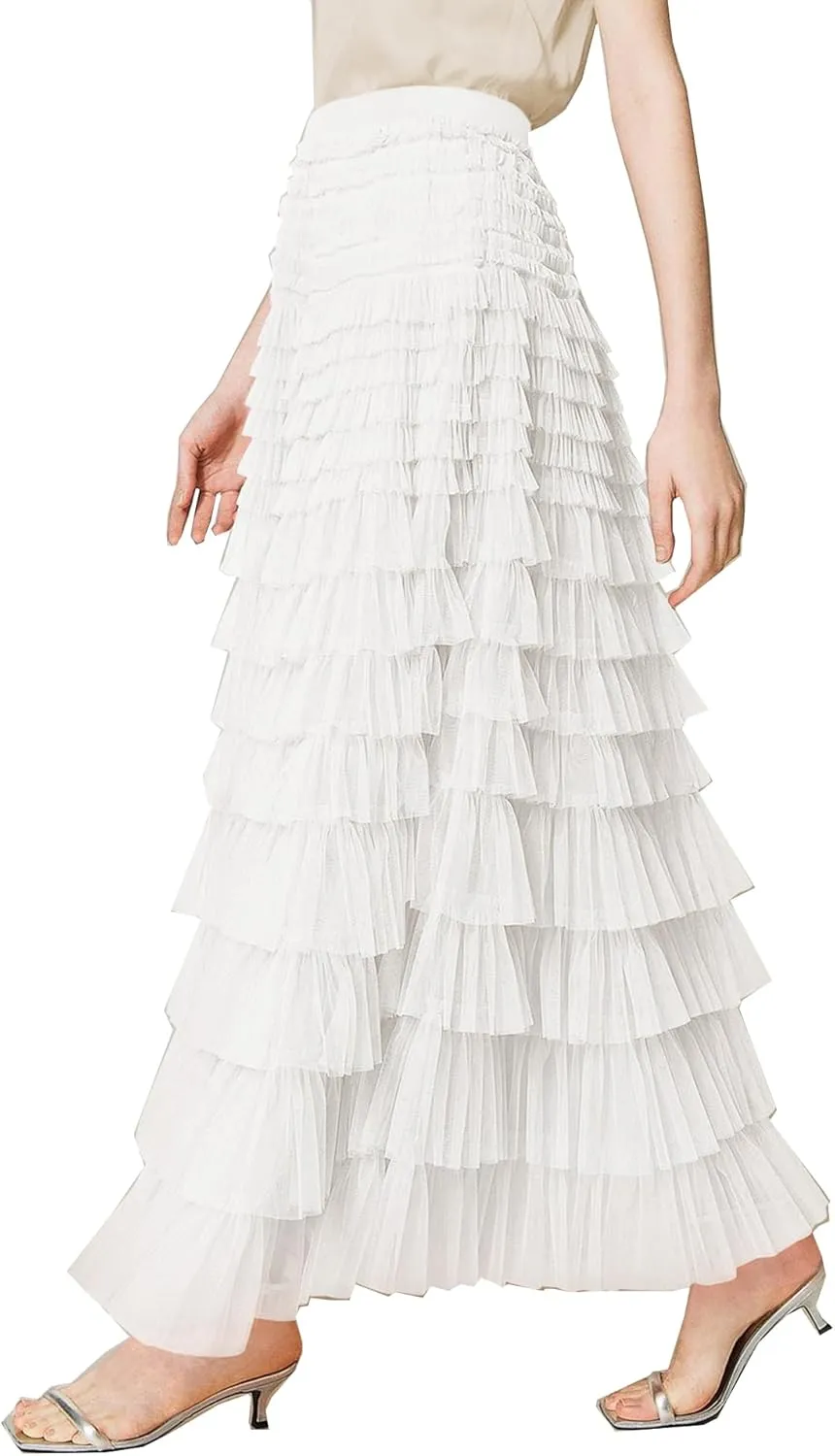 Women's Long Maxi Tulle Skirts A Line High Waisted Tiered Layered Midi Skirt Mesh Ruffle Tutu Petticoat