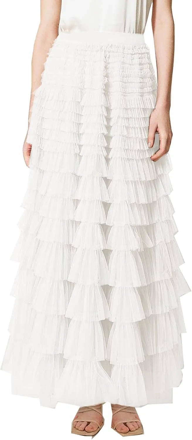 Women's Long Maxi Tulle Skirts A Line High Waisted Tiered Layered Midi Skirt Mesh Ruffle Tutu Petticoat