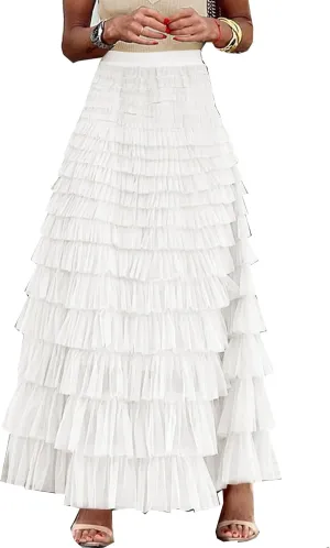 Women's Long Maxi Tulle Skirts A Line High Waisted Tiered Layered Midi Skirt Mesh Ruffle Tutu Petticoat