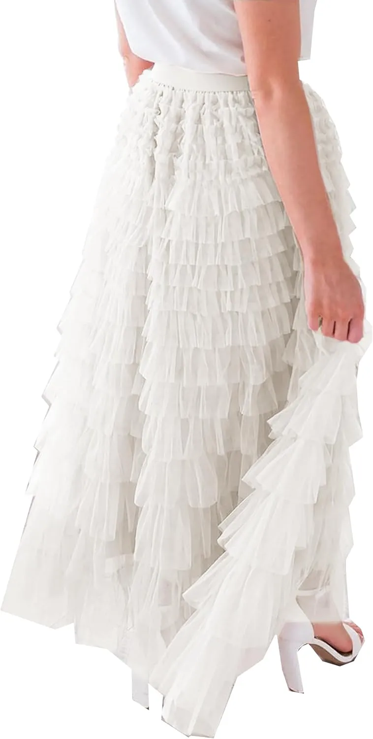 Women's Long Maxi Tulle Skirts A Line High Waisted Tiered Layered Midi Skirt Mesh Ruffle Tutu Petticoat