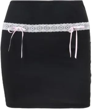 Women's Mini Skirt Lace Bow Pleated Zip Up Y2k Fairy Bodycon Skirt Sexy Streetwear Club Dress Harajuku Goth