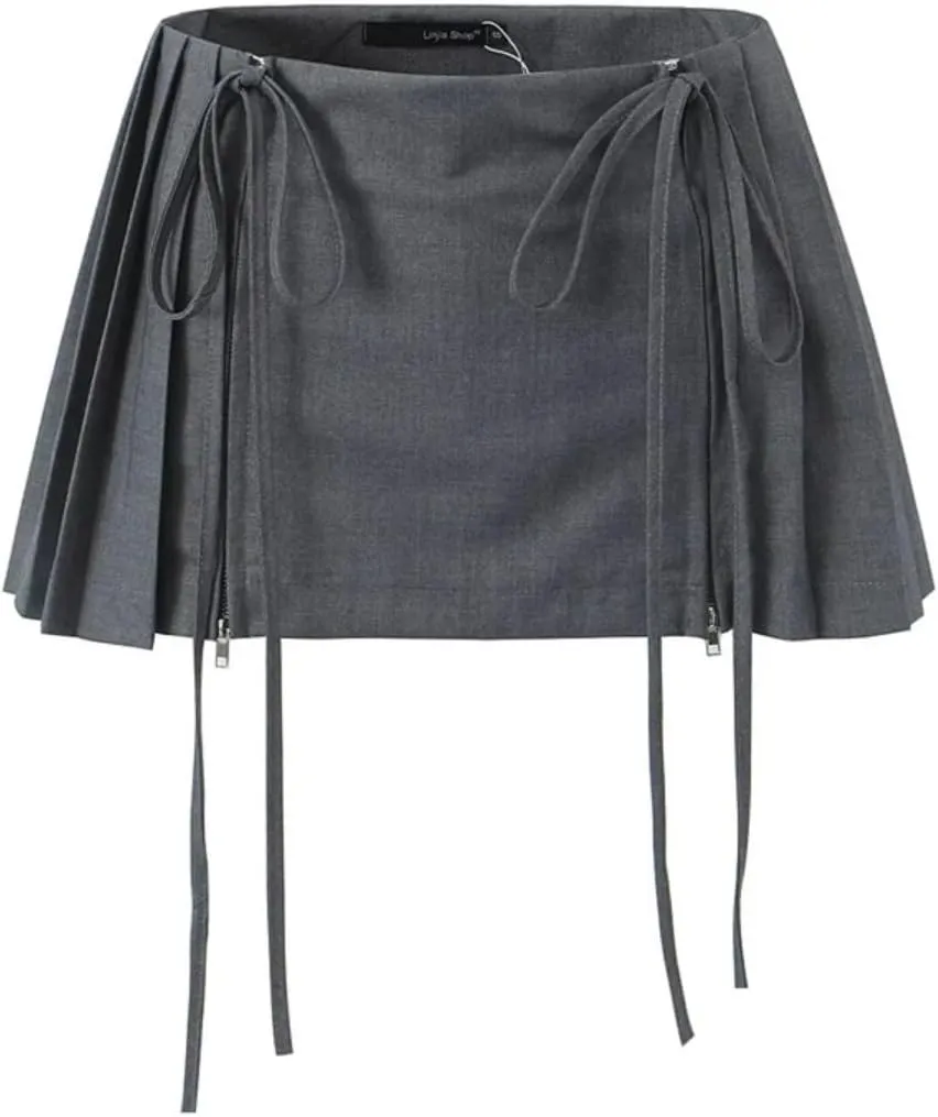 Women's Mini Skirt Lace Bow Pleated Zip Up Y2k Fairy Bodycon Skirt Sexy Streetwear Club Dress Harajuku Goth
