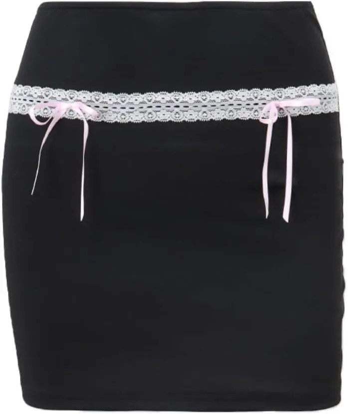 Women's Mini Skirt Lace Bow Pleated Zip Up Y2k Fairy Bodycon Skirt Sexy Streetwear Club Dress Harajuku Goth