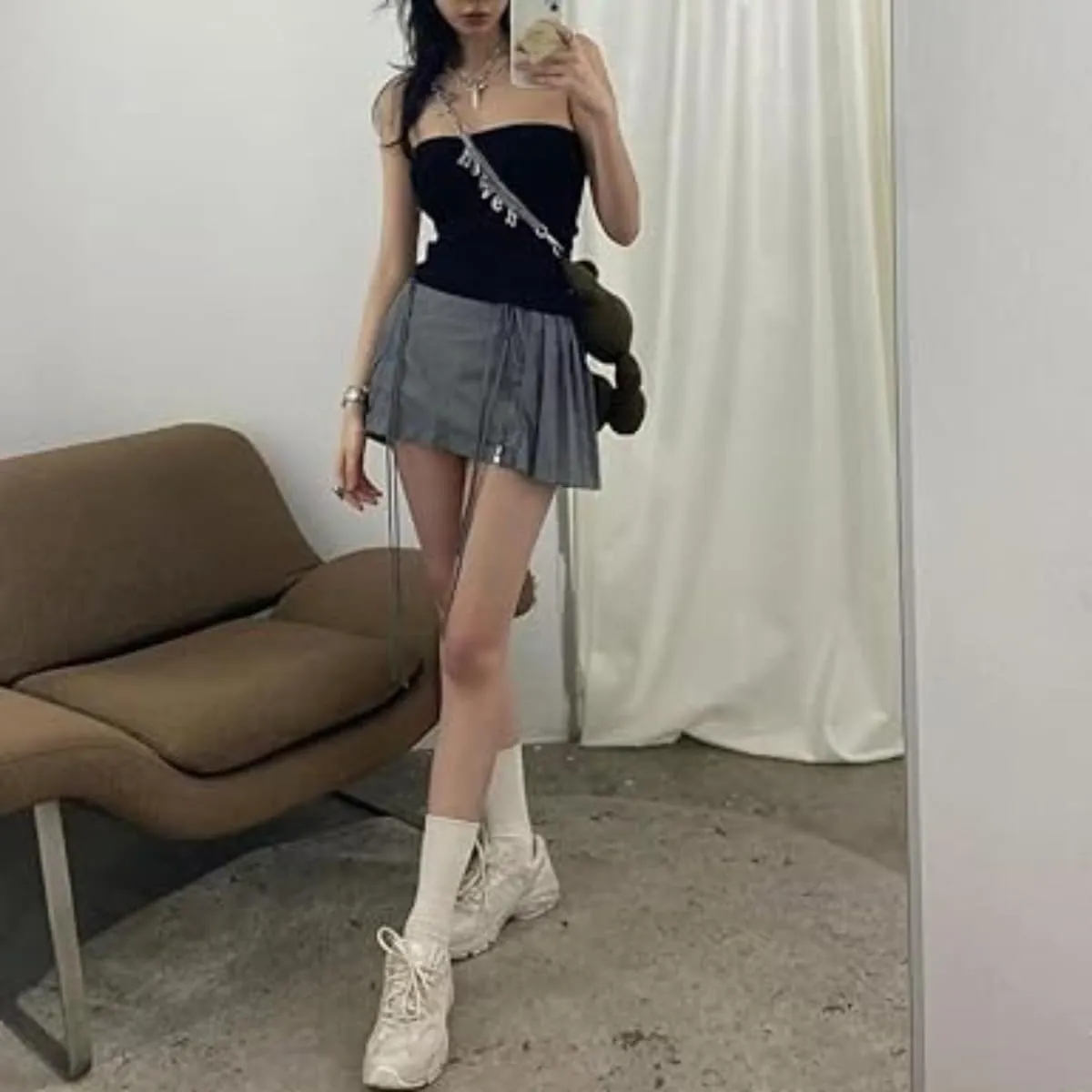 Women's Mini Skirt Lace Bow Pleated Zip Up Y2k Fairy Bodycon Skirt Sexy Streetwear Club Dress Harajuku Goth