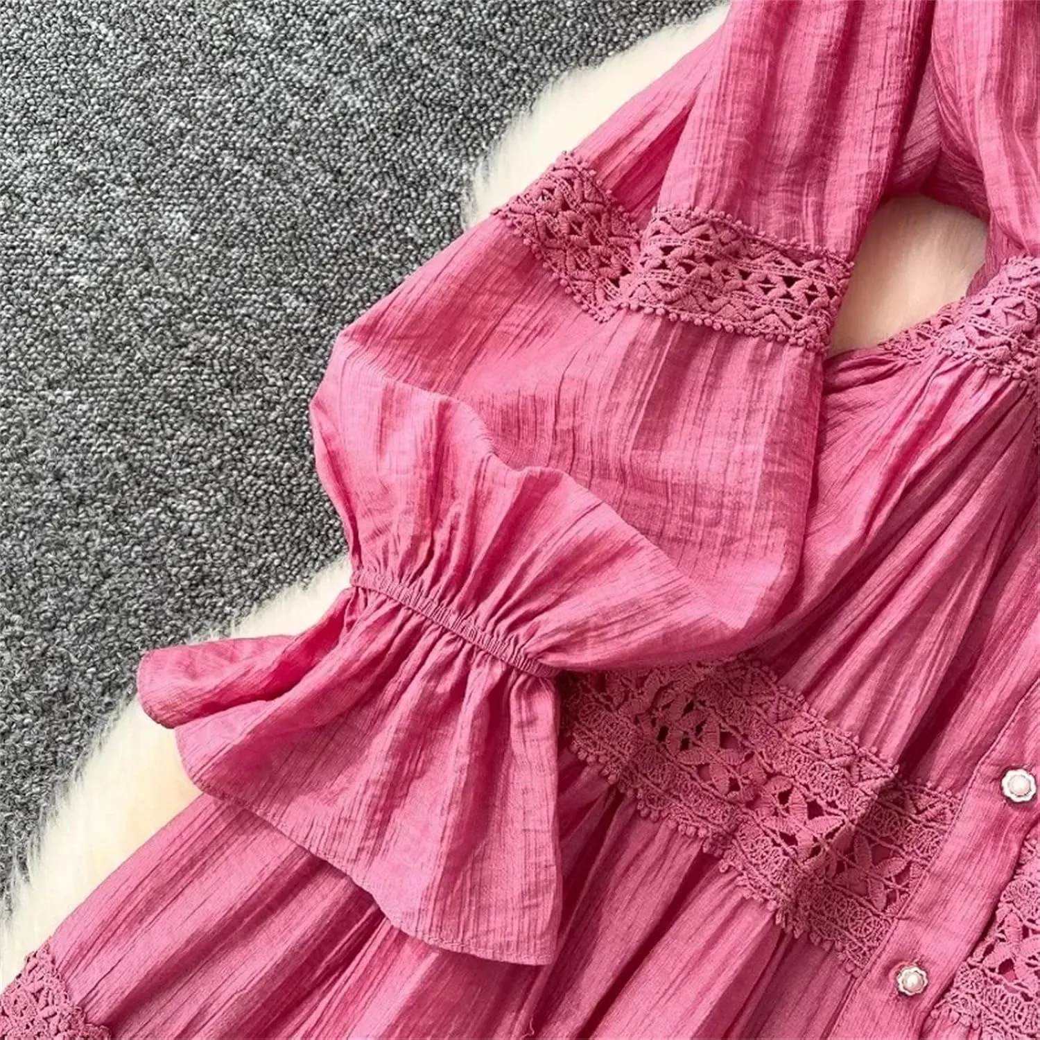 Women's O-Neck Ruffle Single Breasted Flared Sleeve Lace Solid High Waisted Dress Women's Spring Summer Dress