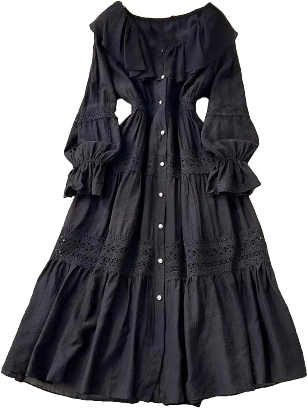 Women's O-Neck Ruffle Single Breasted Flared Sleeve Lace Solid High Waisted Dress Women's Spring Summer Dress