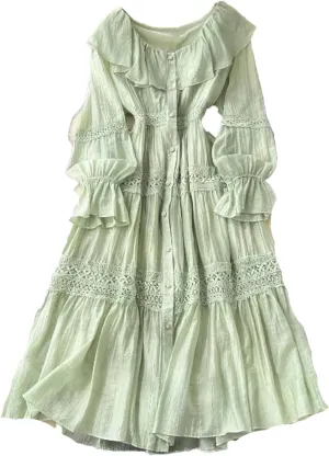 Women's O-Neck Ruffle Single Breasted Flared Sleeve Lace Solid High Waisted Dress Women's Spring Summer Dress