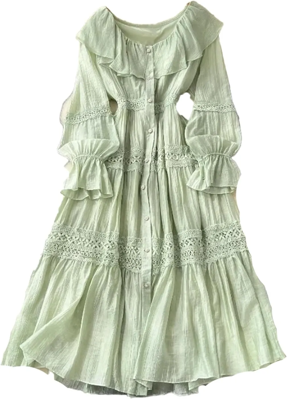 Women's O-Neck Ruffle Single Breasted Flared Sleeve Lace Solid High Waisted Dress Women's Spring Summer Dress