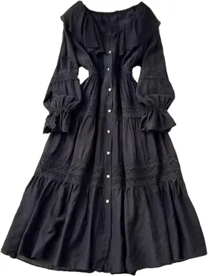 Women's O-Neck Ruffle Single Breasted Flared Sleeve Lace Solid High Waisted Dress Women's Spring Summer Dress
