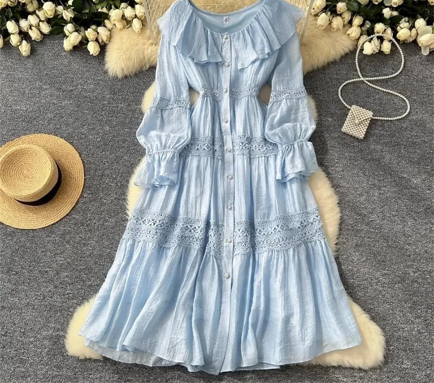 Women's O-Neck Ruffle Single Breasted Flared Sleeve Lace Solid High Waisted Dress Women's Spring Summer Dress