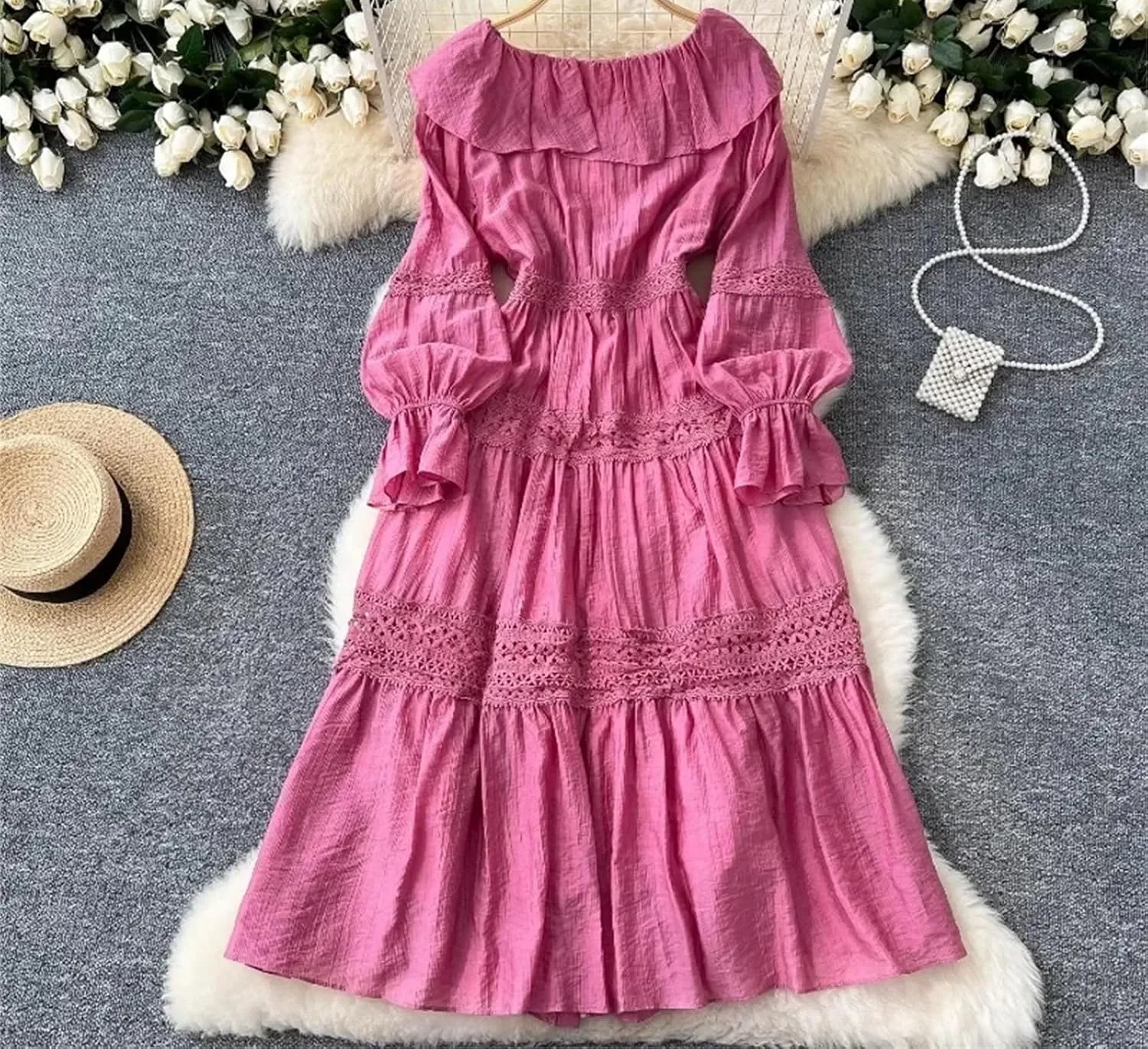 Women's O-Neck Ruffle Single Breasted Flared Sleeve Lace Solid High Waisted Dress Women's Spring Summer Dress