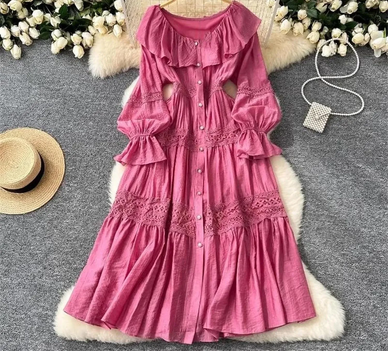 Women's O-Neck Ruffle Single Breasted Flared Sleeve Lace Solid High Waisted Dress Women's Spring Summer Dress