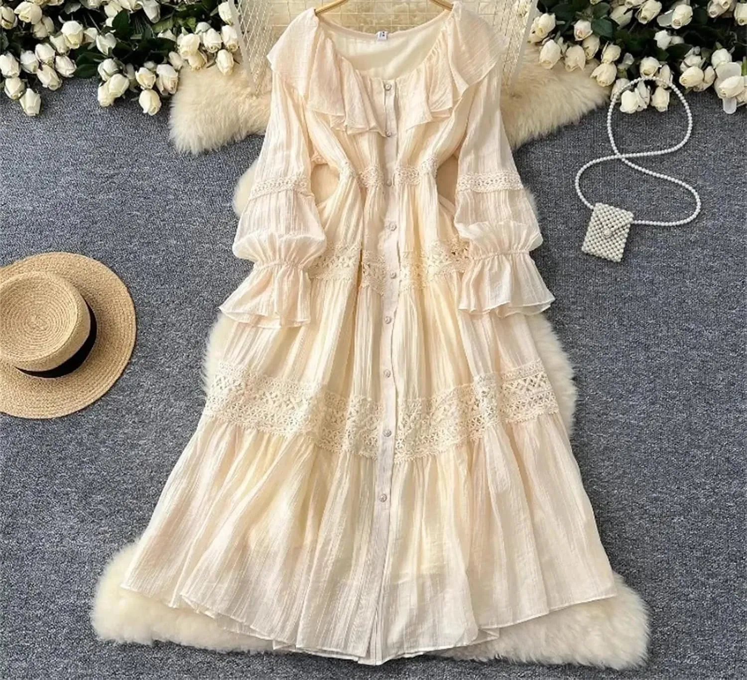 Women's O-Neck Ruffle Single Breasted Flared Sleeve Lace Solid High Waisted Dress Women's Spring Summer Dress