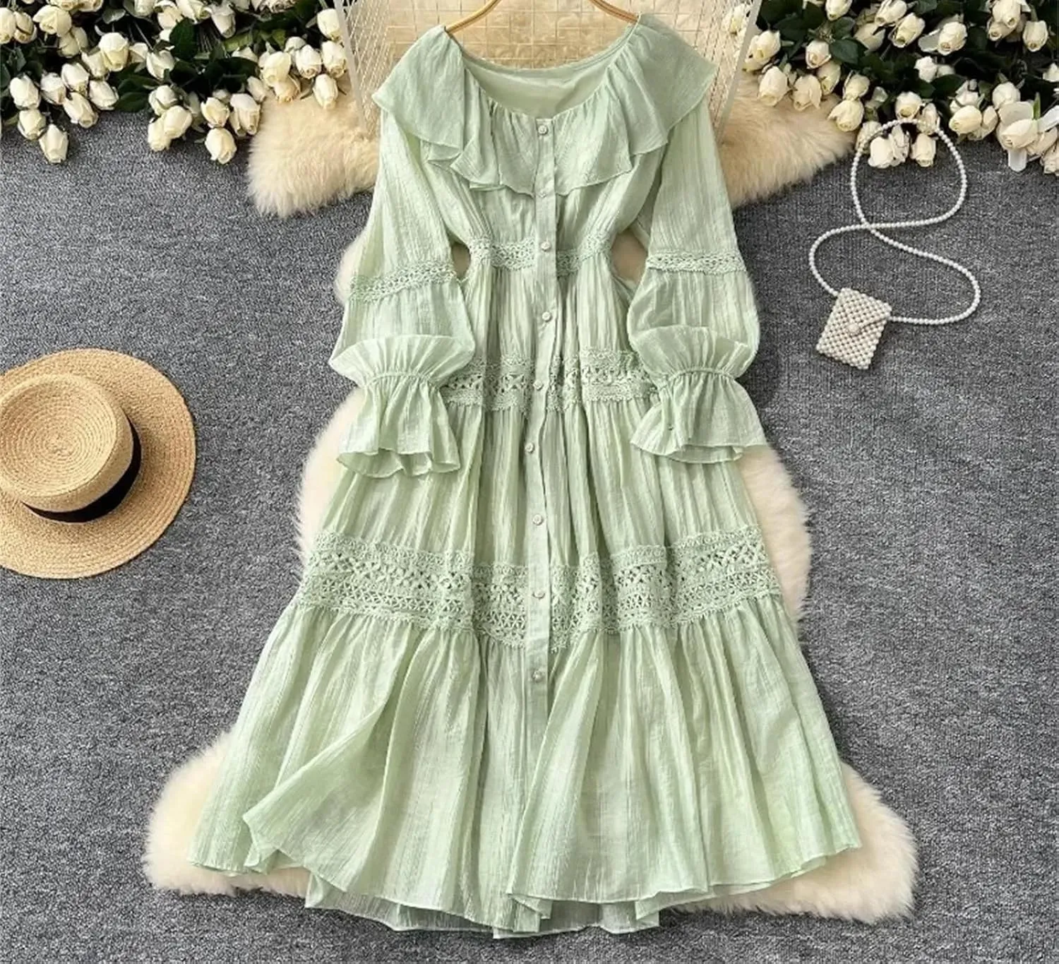Women's O-Neck Ruffle Single Breasted Flared Sleeve Lace Solid High Waisted Dress Women's Spring Summer Dress