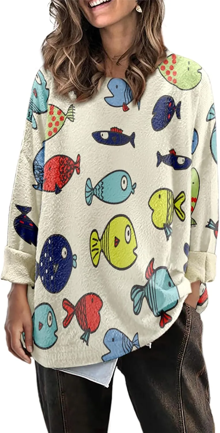 Womens Oversized Sweaters Fall 2024 Crewneck Knit Graphic Printed Pullover Sweater Tops Trendy Outfits