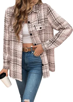 Womens Plaid Jacket 2024 Fall Long Lightweight Casual Elegant Button Down Lapel Fashion Blazer Shirt with Pockets