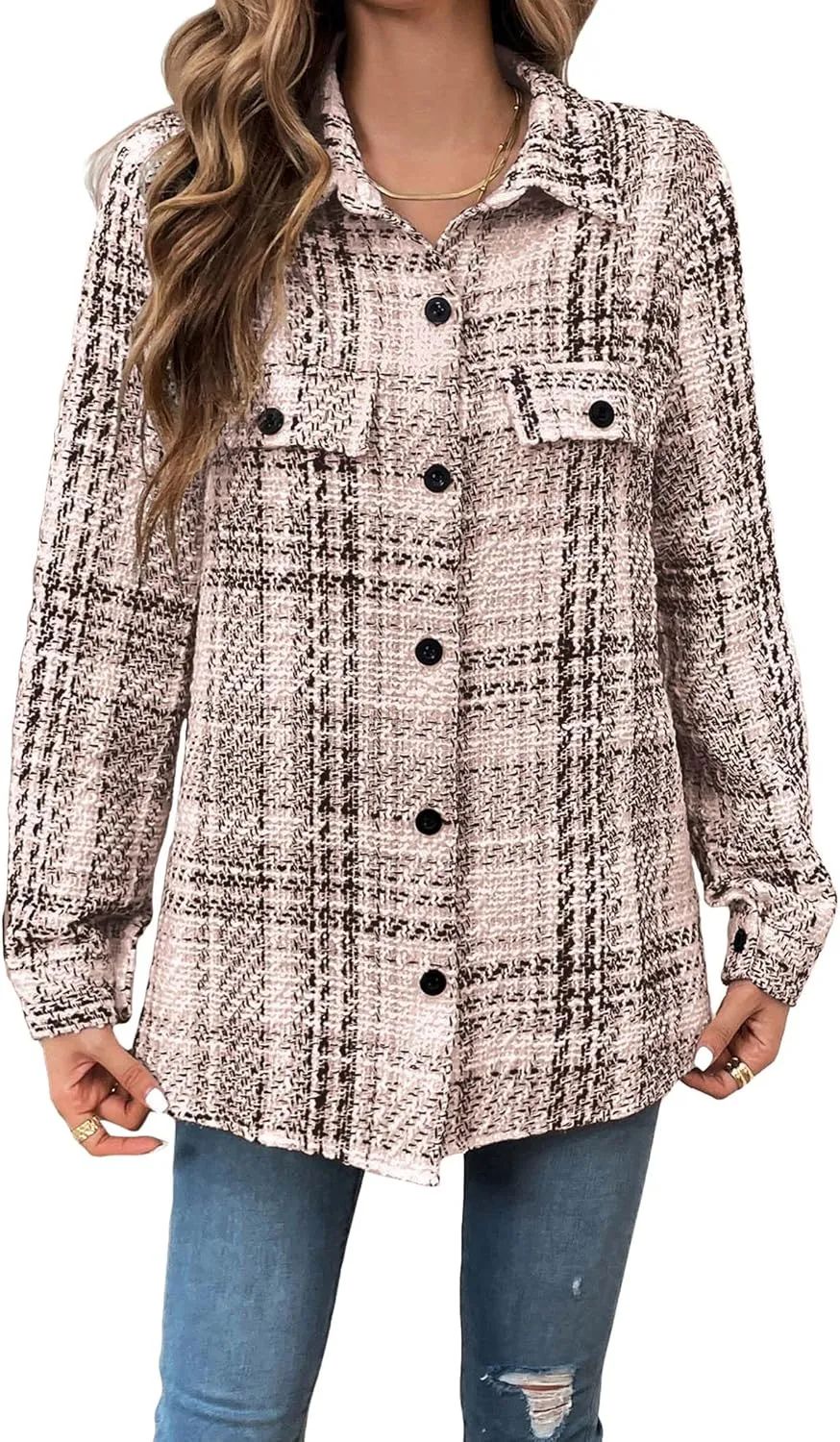 Womens Plaid Jacket 2024 Fall Long Lightweight Casual Elegant Button Down Lapel Fashion Blazer Shirt with Pockets