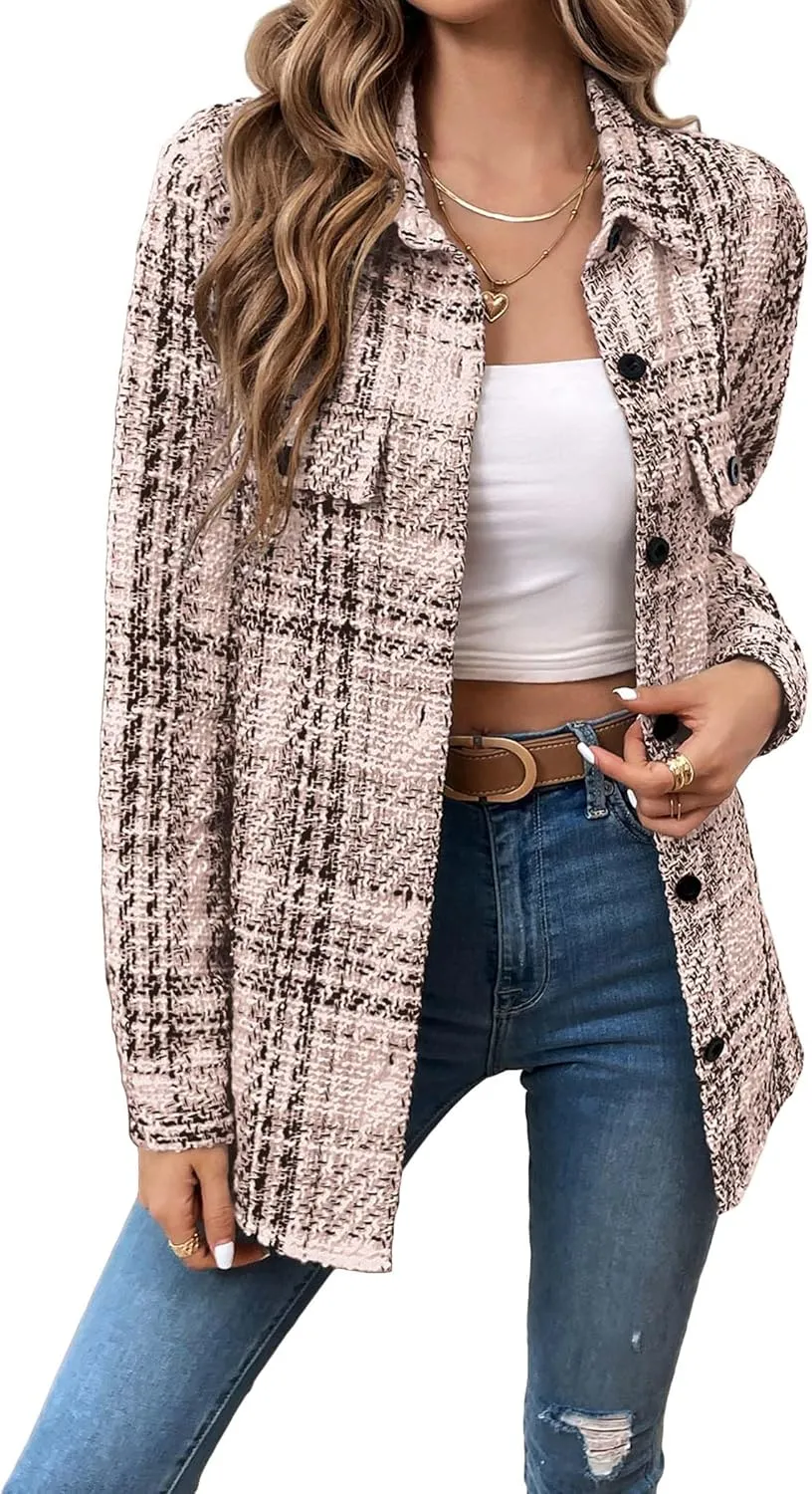 Womens Plaid Jacket 2024 Fall Long Lightweight Casual Elegant Button Down Lapel Fashion Blazer Shirt with Pockets