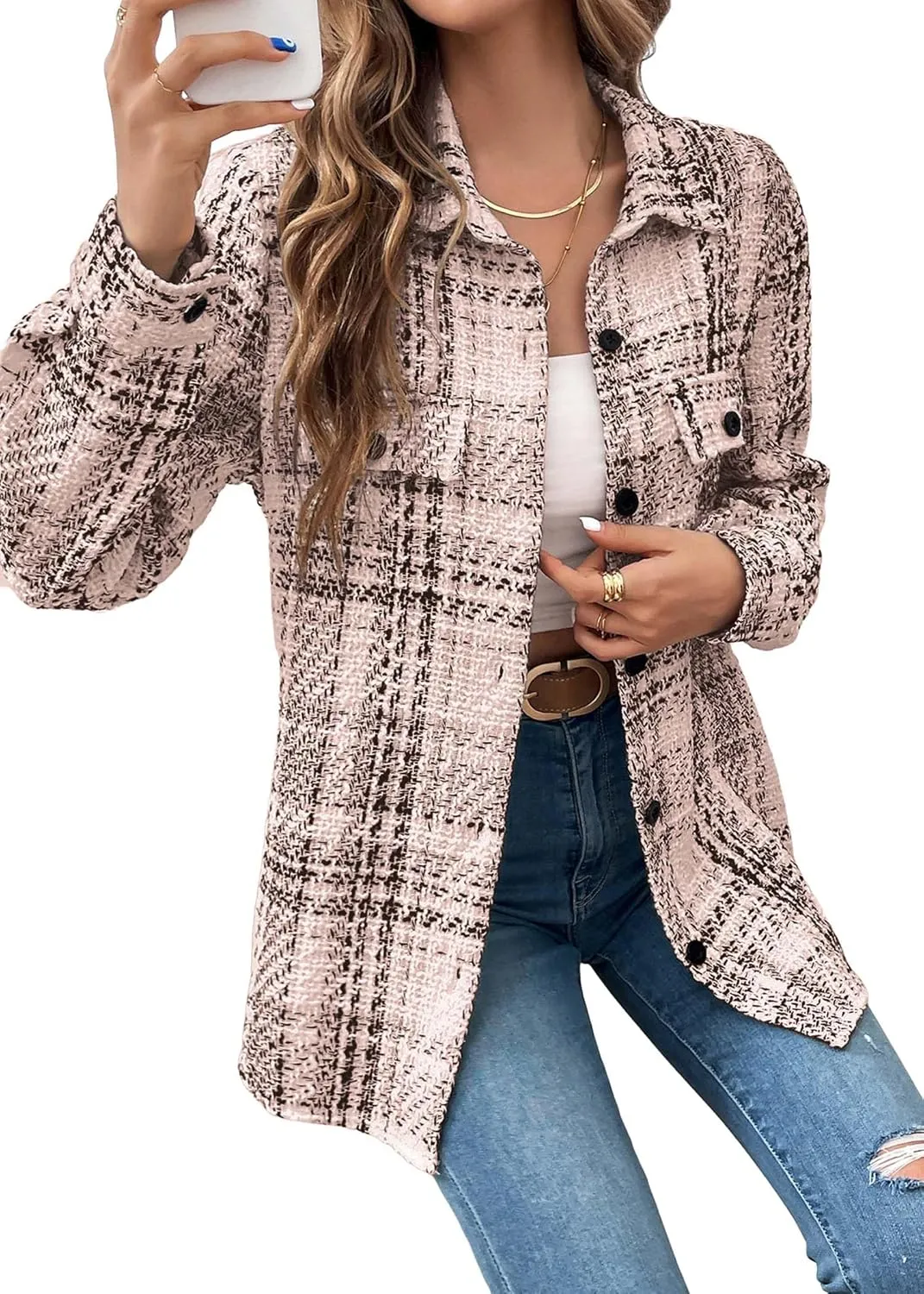 Womens Plaid Jacket 2024 Fall Long Lightweight Casual Elegant Button Down Lapel Fashion Blazer Shirt with Pockets
