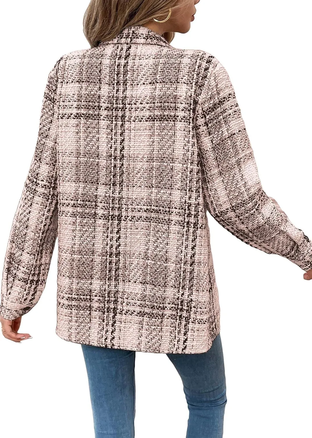 Womens Plaid Jacket 2024 Fall Long Lightweight Casual Elegant Button Down Lapel Fashion Blazer Shirt with Pockets