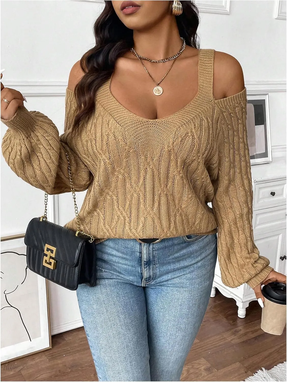 Women's Plus Size Cable Knit Sweater Cold Shoulder Long Sleeve Pullover Tops Soft Knitwear