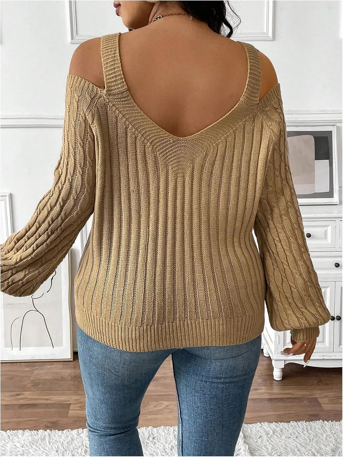 Women's Plus Size Cable Knit Sweater Cold Shoulder Long Sleeve Pullover Tops Soft Knitwear