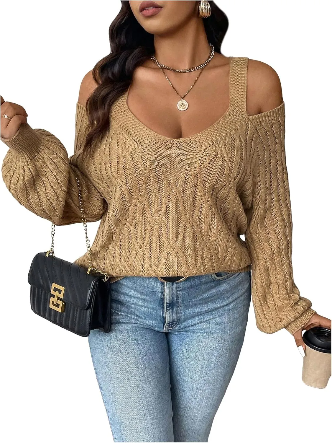 Women's Plus Size Cable Knit Sweater Cold Shoulder Long Sleeve Pullover Tops Soft Knitwear