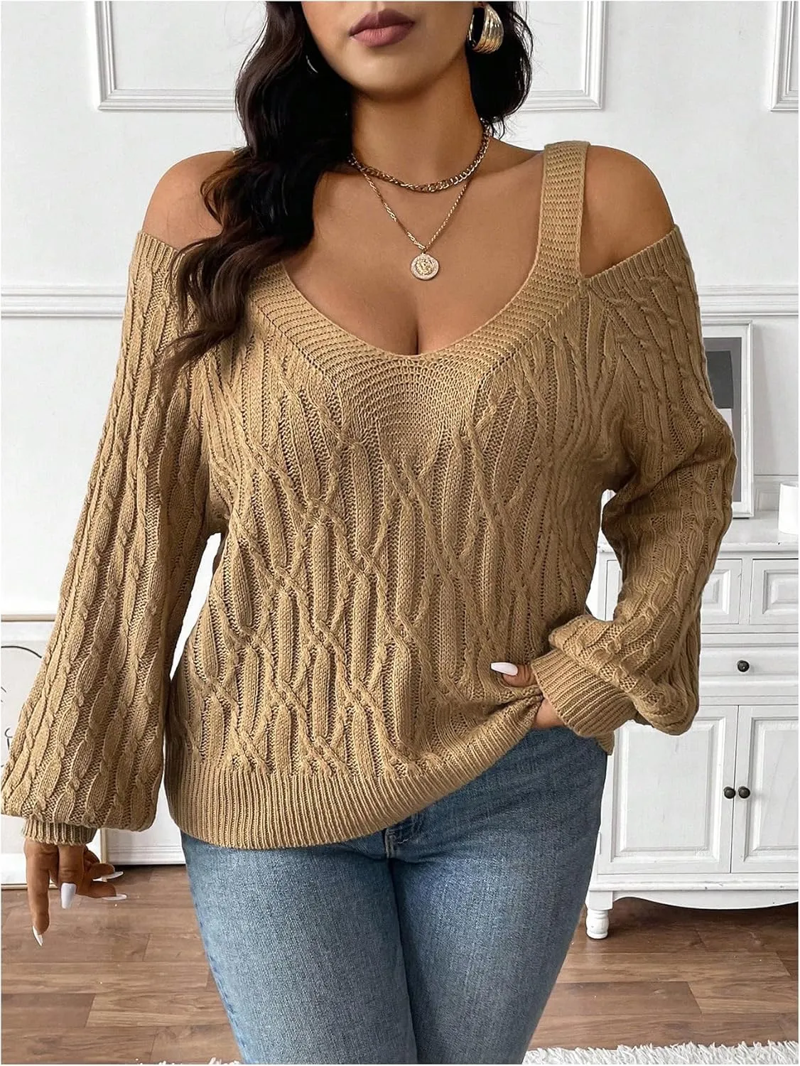 Women's Plus Size Cable Knit Sweater Cold Shoulder Long Sleeve Pullover Tops Soft Knitwear