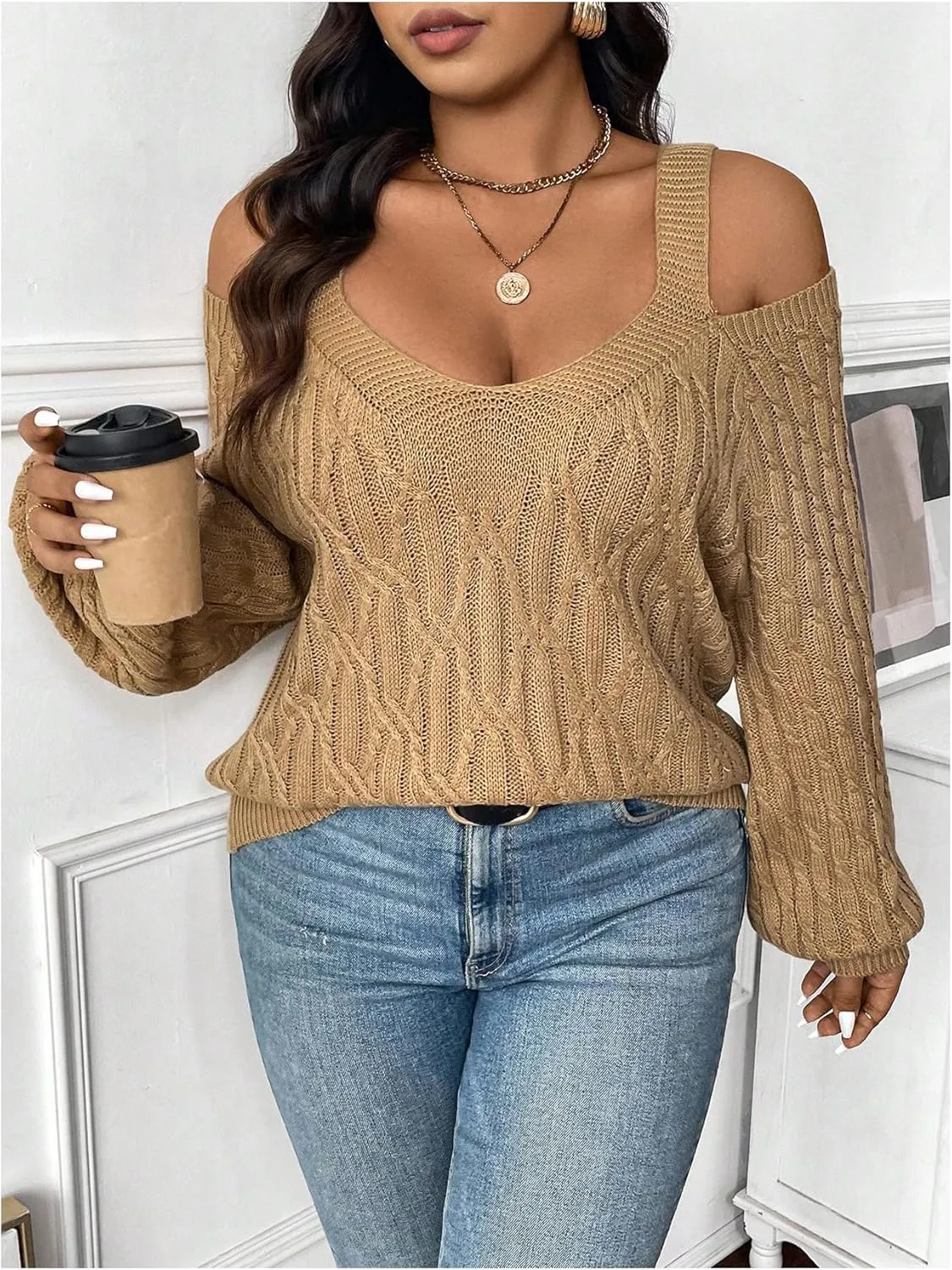 Women's Plus Size Cable Knit Sweater Cold Shoulder Long Sleeve Pullover Tops Soft Knitwear