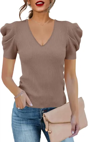 Women's Puff Long Sleeve Knit Pullover Sweaters Casual V Neck Ribbed Solid Soft Slim Fit Sweater Blouse Tops