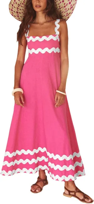 Women's Retro Plaid Maxi Dress 2025 Thick Shoulder Straps Back Cutout Smocked Flounce Hem Summer Beach Long Dress