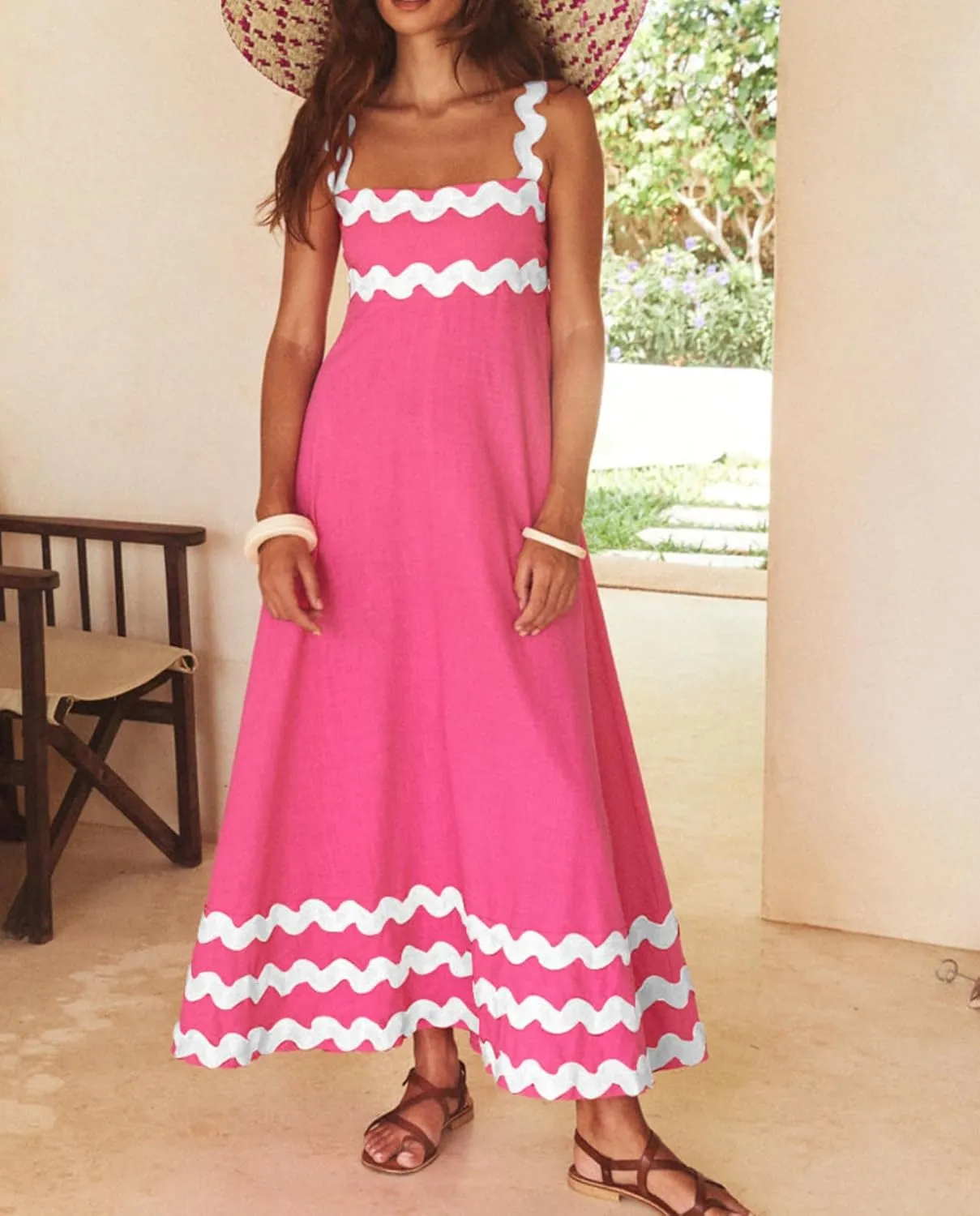 Women's Retro Plaid Maxi Dress 2025 Thick Shoulder Straps Back Cutout Smocked Flounce Hem Summer Beach Long Dress