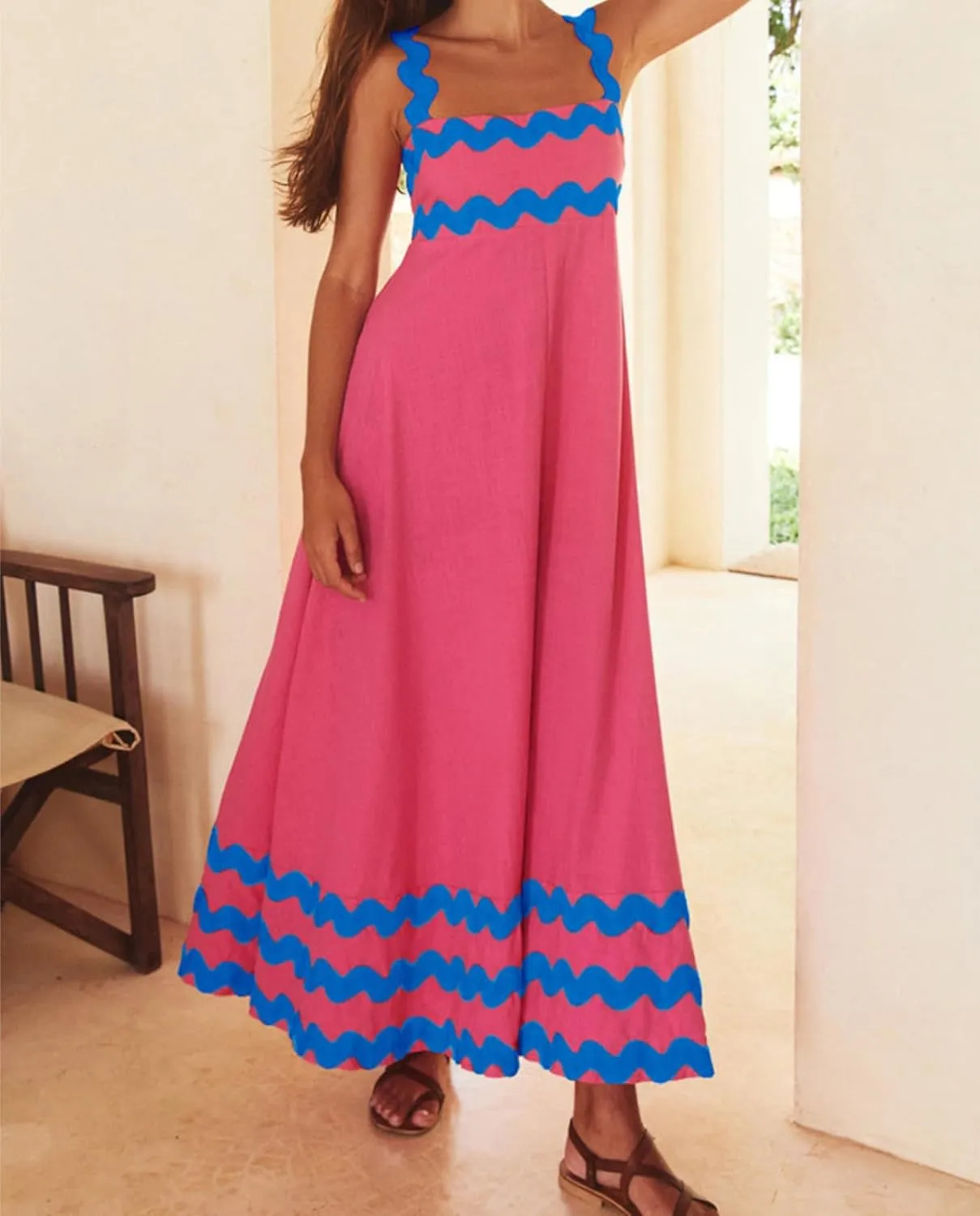 Women's Retro Plaid Maxi Dress 2025 Thick Shoulder Straps Back Cutout Smocked Flounce Hem Summer Beach Long Dress