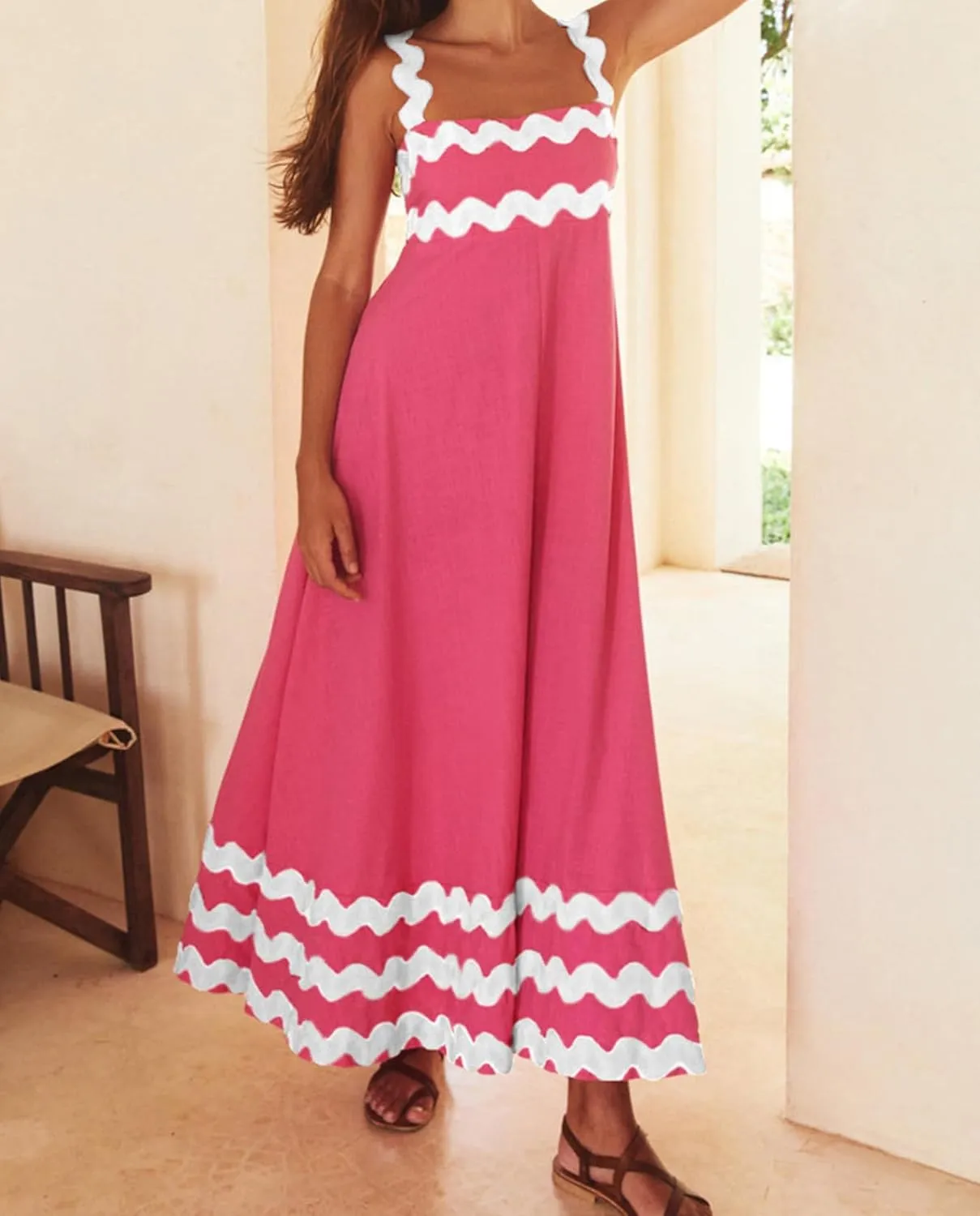Women's Retro Plaid Maxi Dress 2025 Thick Shoulder Straps Back Cutout Smocked Flounce Hem Summer Beach Long Dress