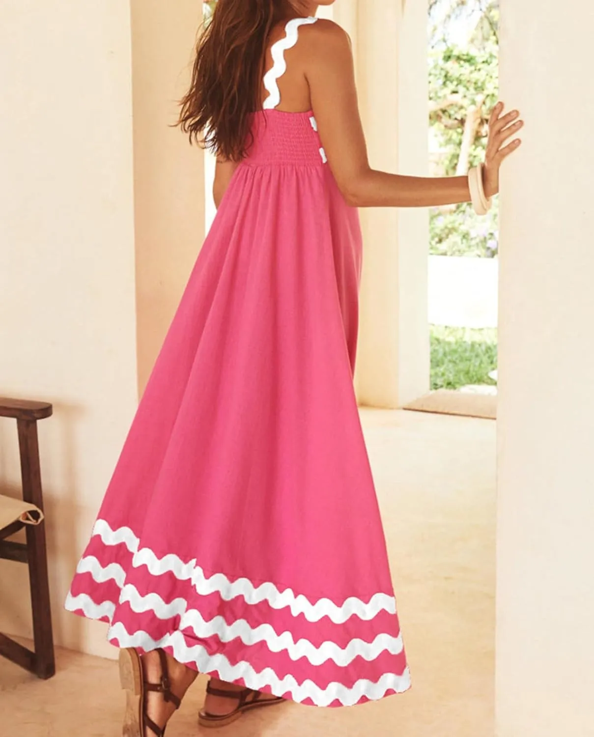 Women's Retro Plaid Maxi Dress 2025 Thick Shoulder Straps Back Cutout Smocked Flounce Hem Summer Beach Long Dress