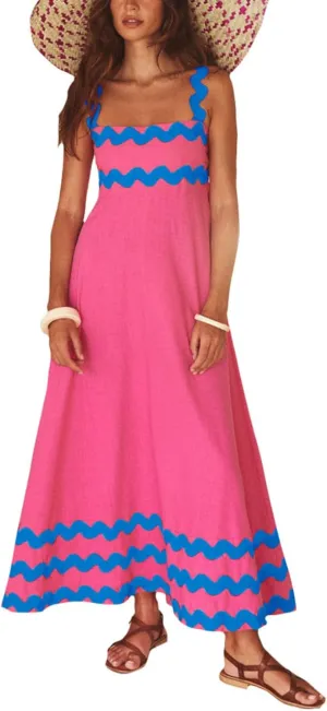 Women's Retro Plaid Maxi Dress 2025 Thick Shoulder Straps Back Cutout Smocked Flounce Hem Summer Beach Long Dress