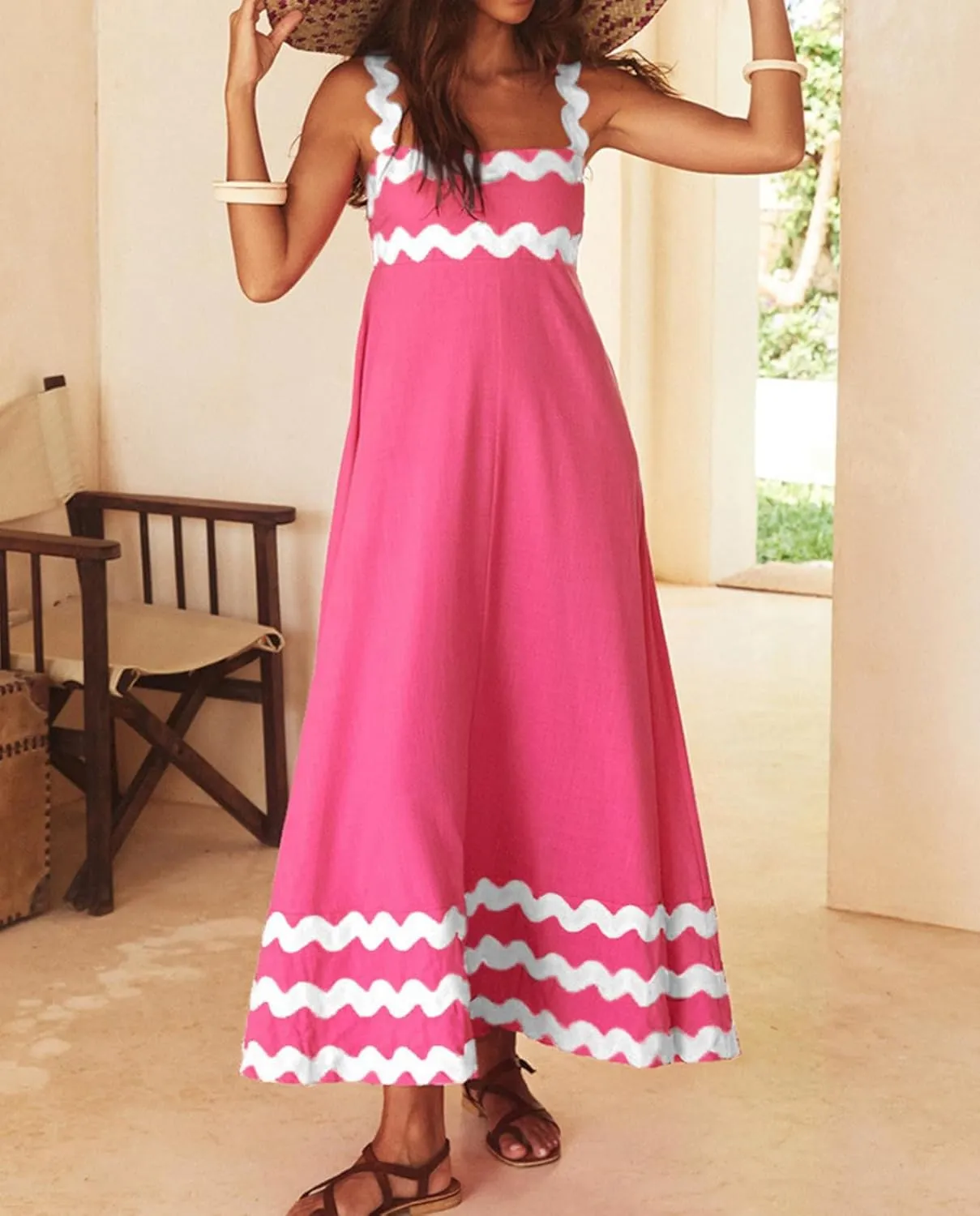 Women's Retro Plaid Maxi Dress 2025 Thick Shoulder Straps Back Cutout Smocked Flounce Hem Summer Beach Long Dress