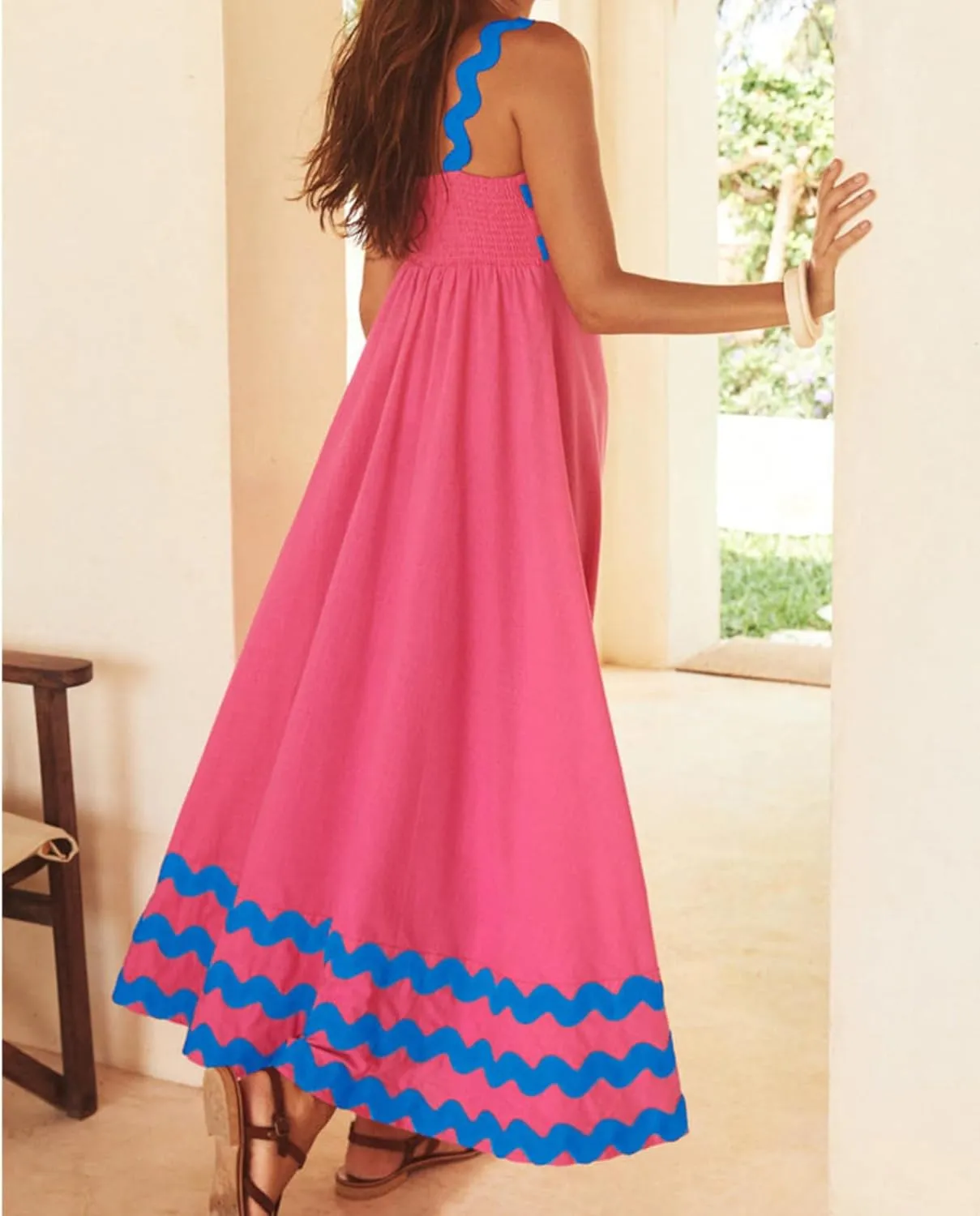 Women's Retro Plaid Maxi Dress 2025 Thick Shoulder Straps Back Cutout Smocked Flounce Hem Summer Beach Long Dress