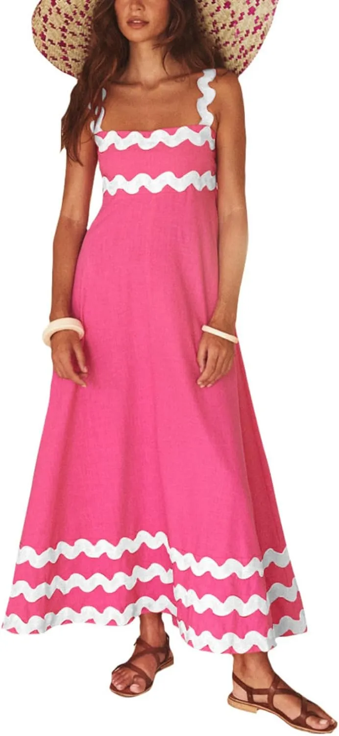 Women's Retro Plaid Maxi Dress 2025 Thick Shoulder Straps Back Cutout Smocked Flounce Hem Summer Beach Long Dress