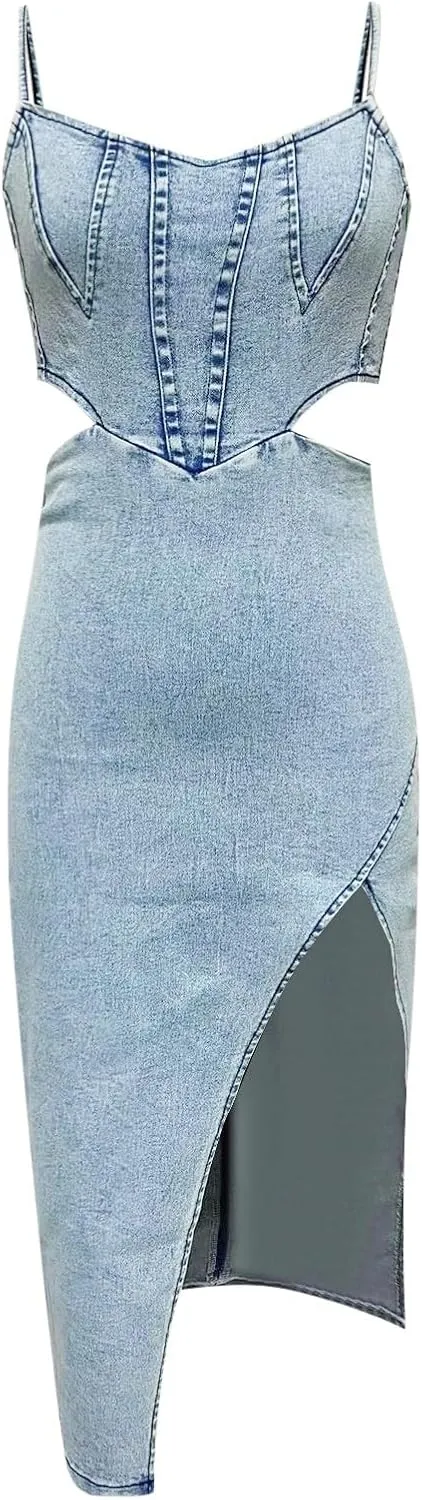 Women's Sleeveless Bodycon Denim Tank Dress Scoop Neck Zip Up Side Slit Stretchy Wrap Club Party Jean Midi