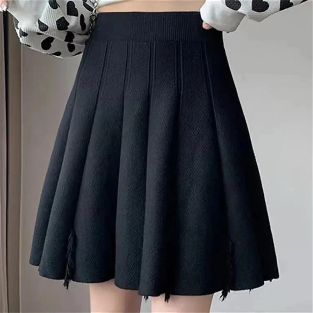 Women's Solid Color Tassel Knitted Pleated Skirt Stretch High Waist A-Line Mini Skirts