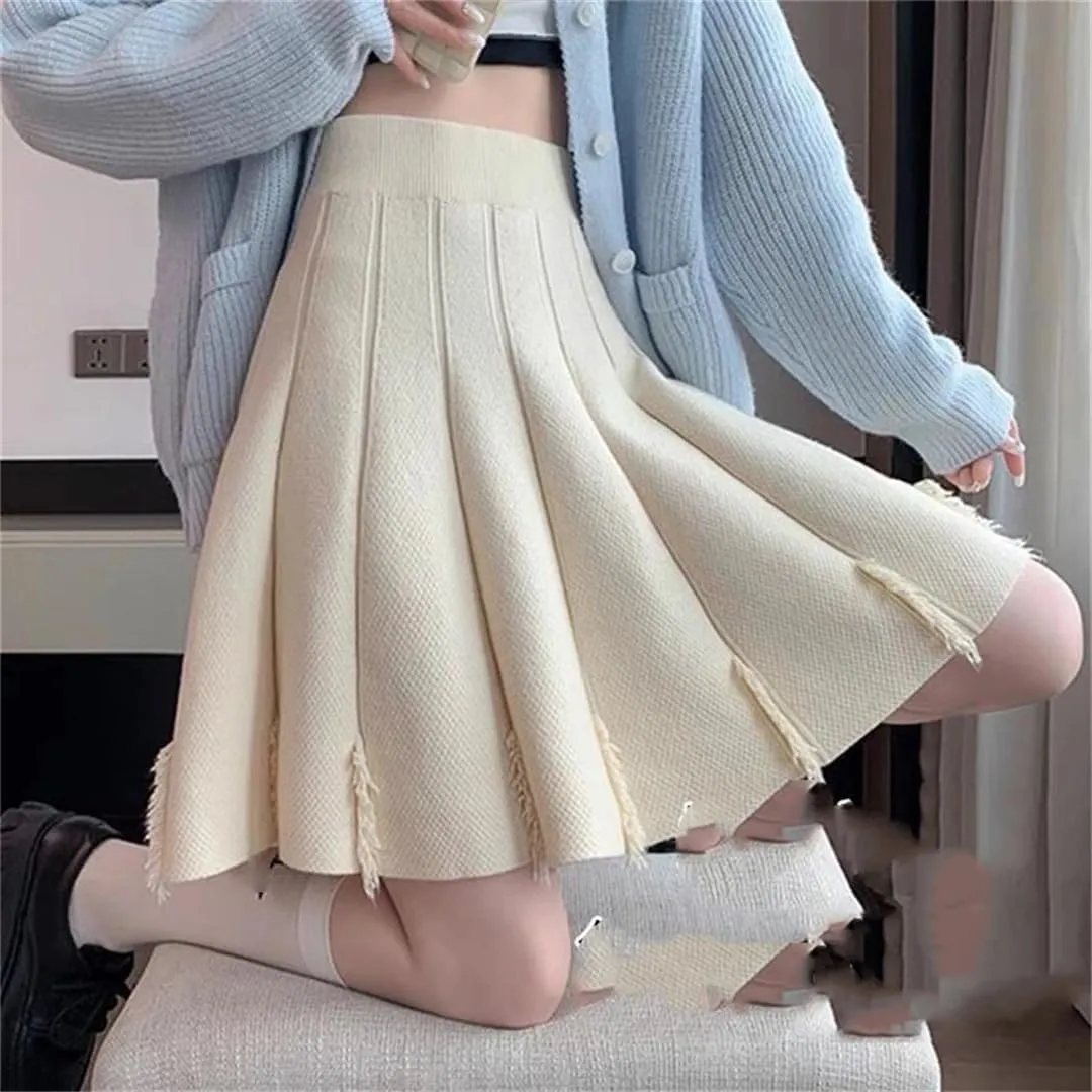 Women's Solid Color Tassel Knitted Pleated Skirt Stretch High Waist A-Line Mini Skirts