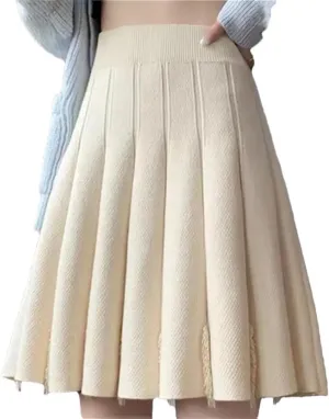 Women's Solid Color Tassel Knitted Pleated Skirt Stretch High Waist A-Line Mini Skirts