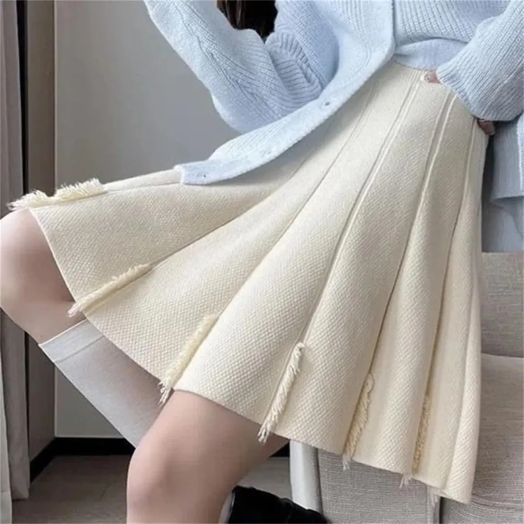 Women's Solid Color Tassel Knitted Pleated Skirt Stretch High Waist A-Line Mini Skirts