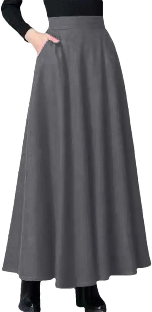 Women's Spring and Autumn Midi Length Skirt High Waist Wide Dance Large Swing with Pockets Skirts