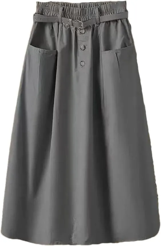 Women's Spring Autumn Skirt Solid Pockets High Waist A-Line Casual Slim Fit Big Swing Skirts
